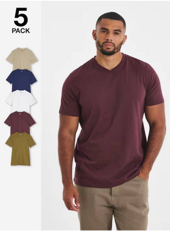 JACAMO 5 Pack Pure Cotton V Neck T-Shirt L